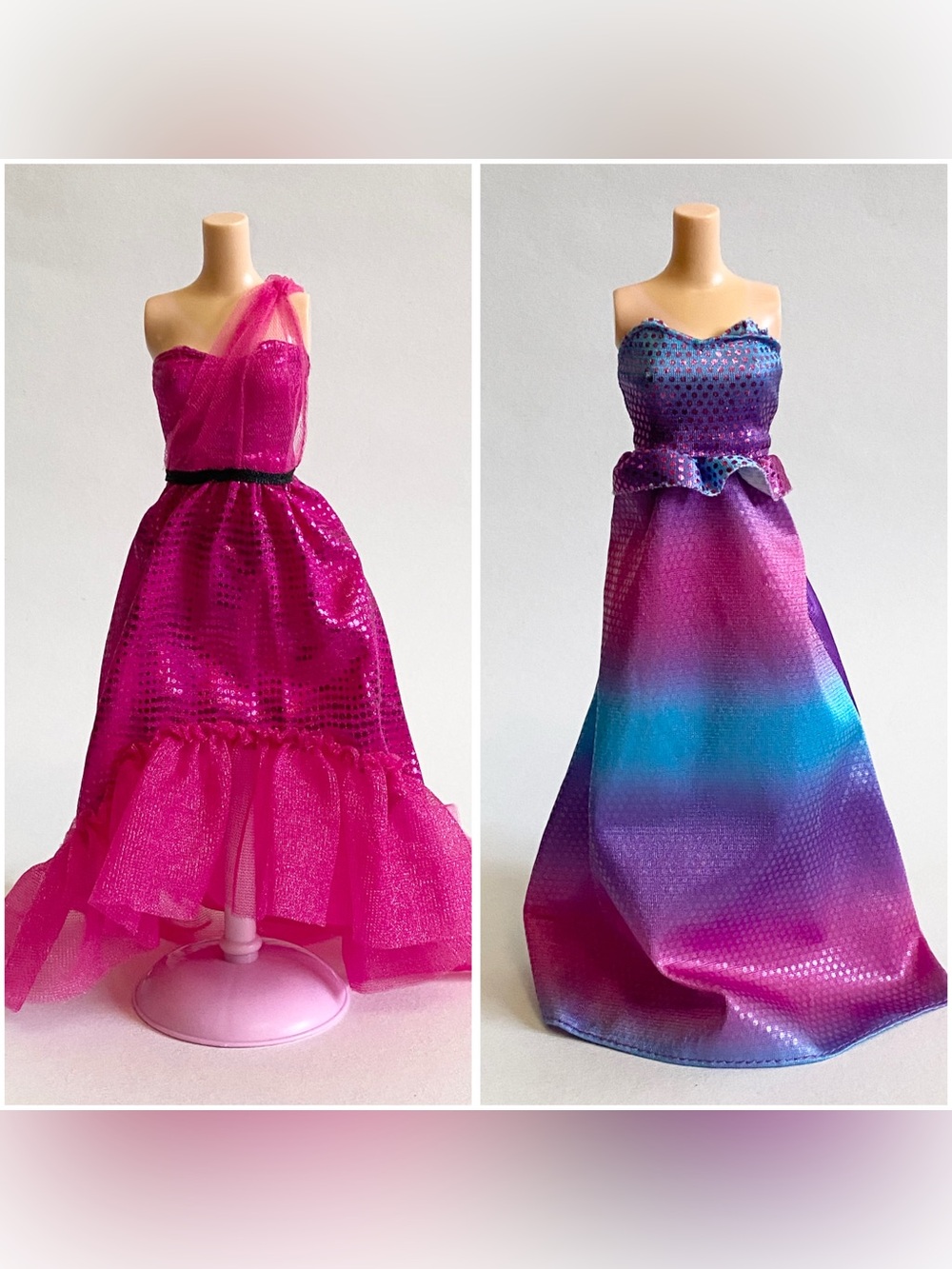 Two Barbie Doll Metallic Party Dresses